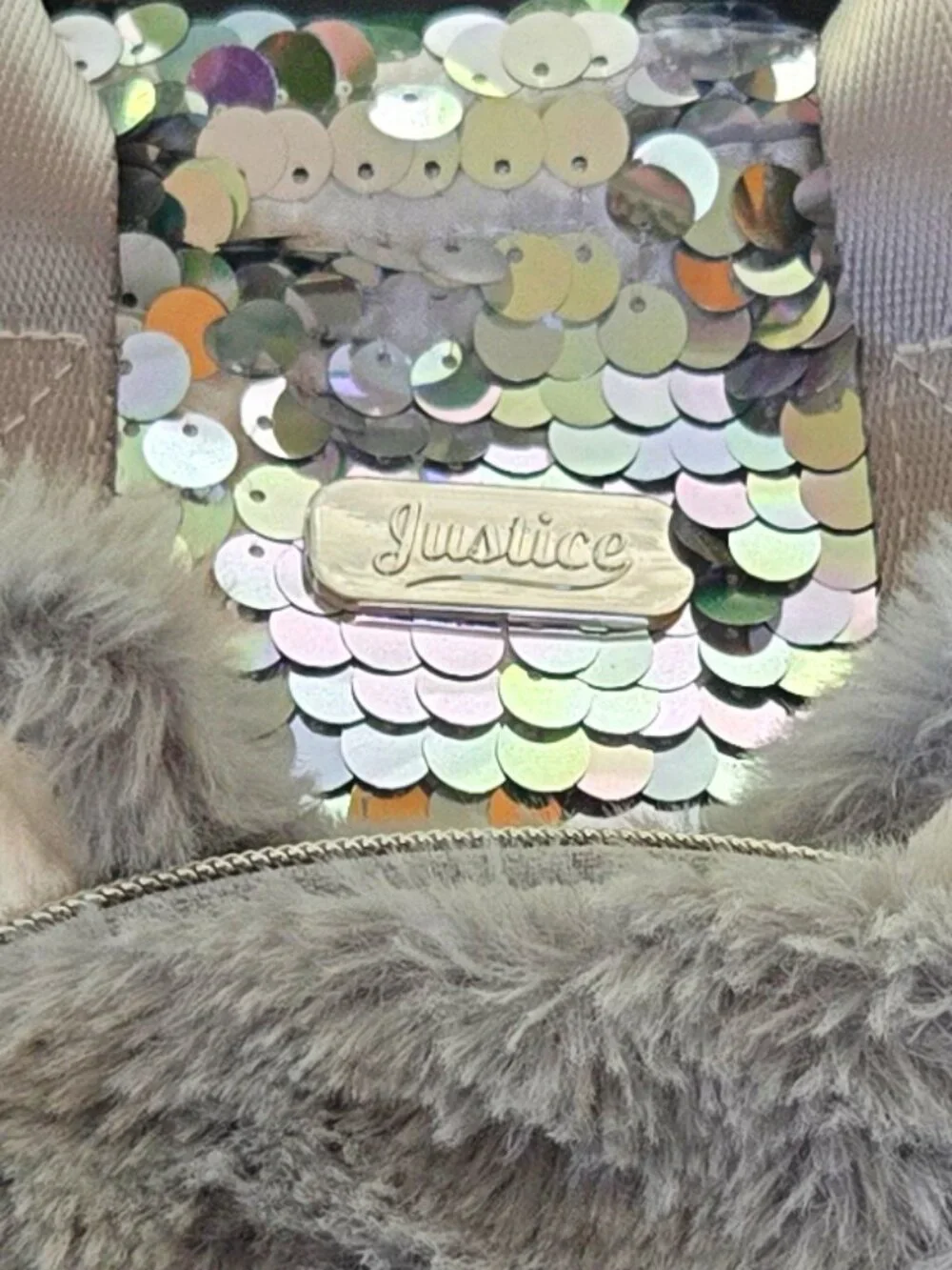 NWOT Justice girls' silver sequin and plush husky mini backpack w/ pompom